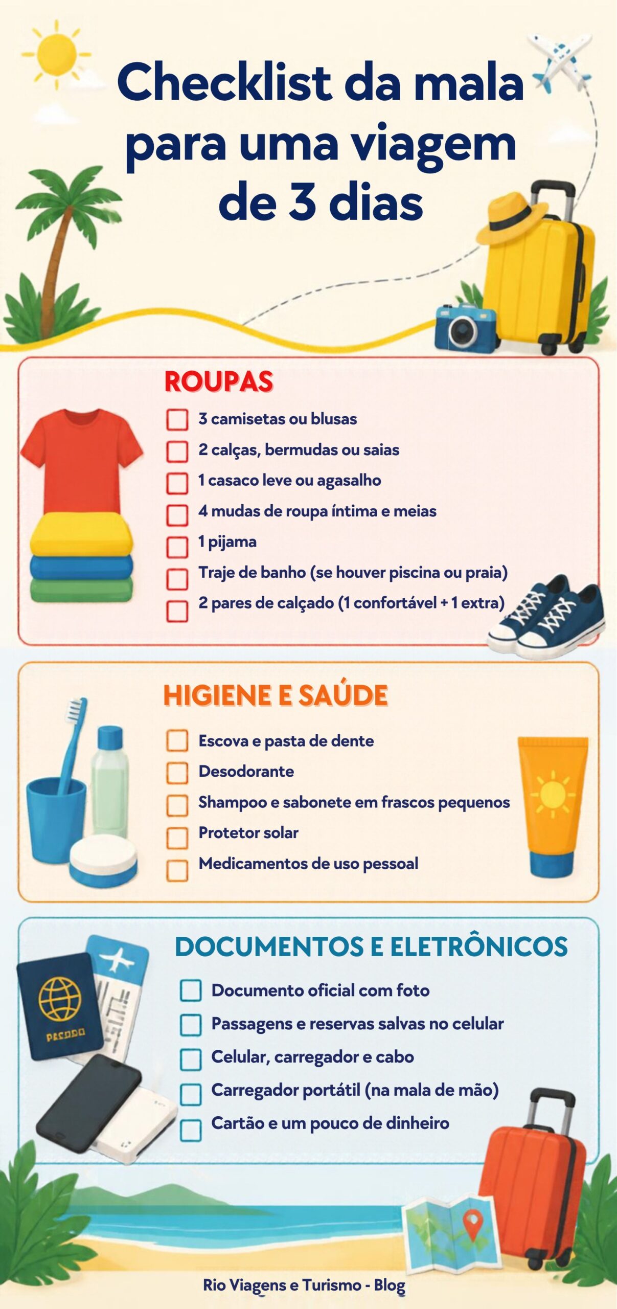 Checklist da mala para 3 dias com roupas, higiene e saúde, documentos e eletrônicos