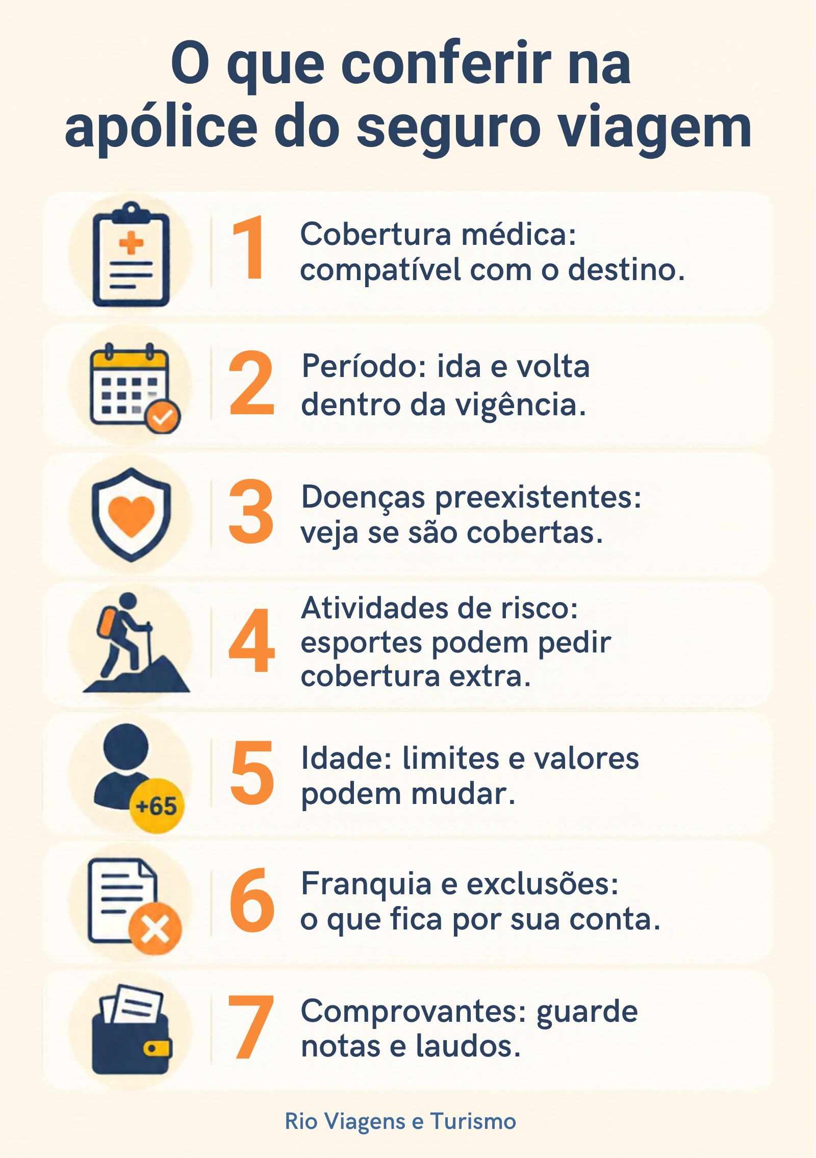 Infográfico com 7 itens para conferir na apólice do seguro viagem