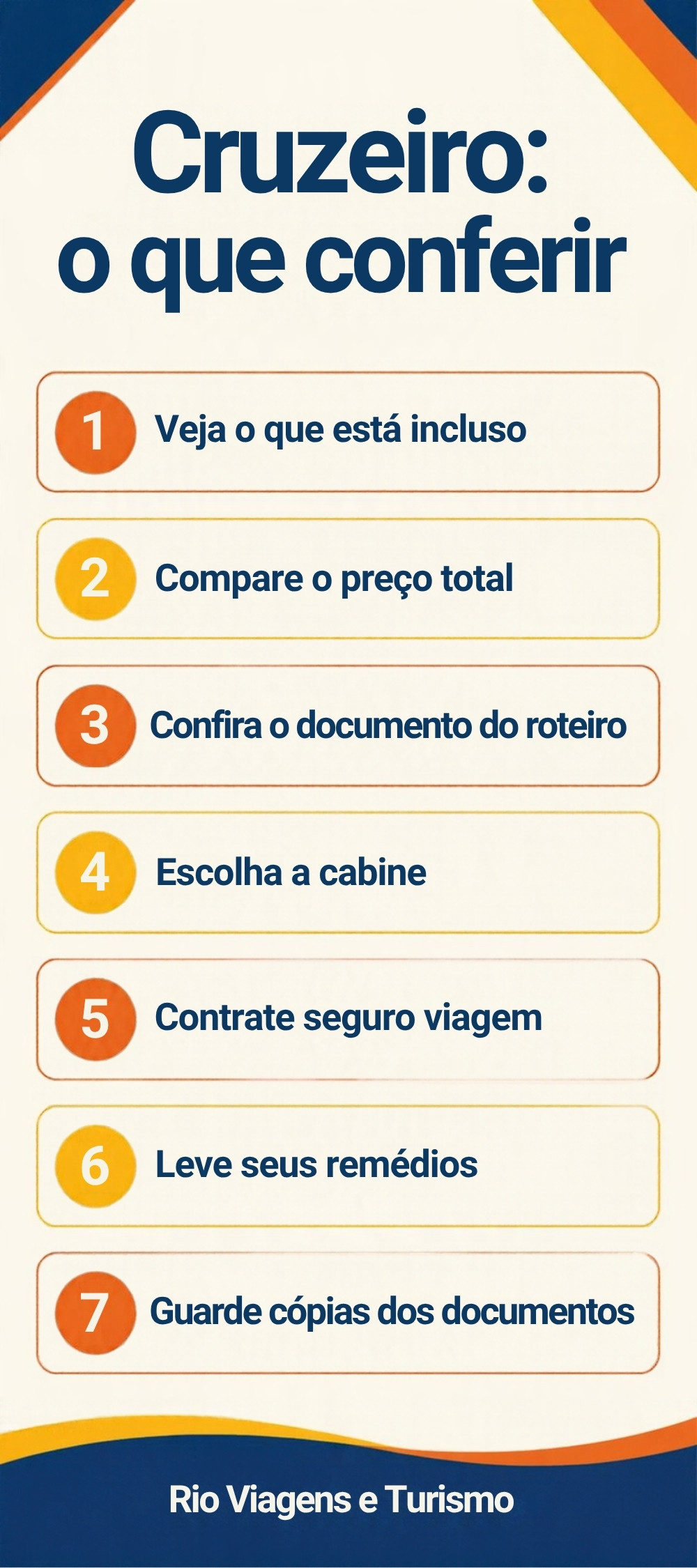 Checklist com 7 itens para conferir antes de reservar um cruzeiro: o que está incluso, preço total, documento, cabine, seguro, remédios e cópias