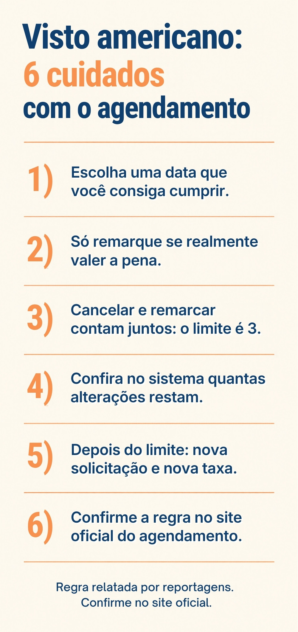 Checklist com 6 cuidados com o agendamento do visto americano: escolher data possível, só remarcar se valer a pena, cancelar e remarcar contam juntos até 3, conferir alterações restantes, nova solicitação e taxa após o limite e confirmar no site oficial