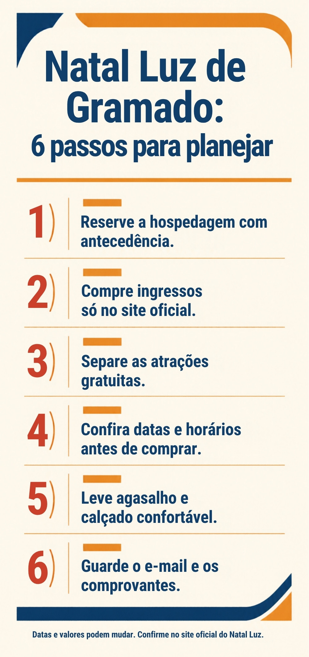 Checklist com 6 passos para planejar o Natal Luz de Gramado: reservar hospedagem com antecedência, comprar ingressos só no site oficial, separar atrações gratuitas, conferir datas e horários, levar agasalho e guardar e-mail e comprovantes