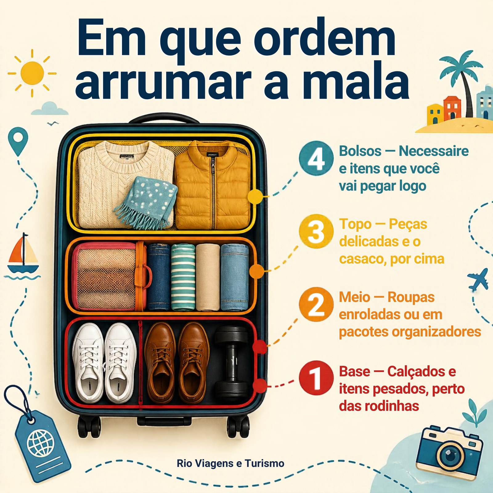 Infográfico com a ordem de arrumar a mala: base, meio, topo e bolsos