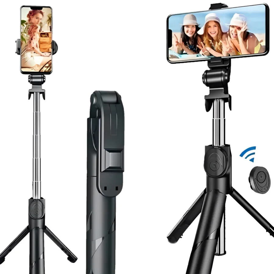 Bastão de selfie aberto, fechado e controle remoto