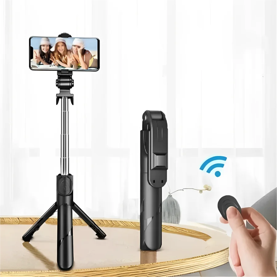 Bastão de selfie com tripé e controle remoto Bluetooth