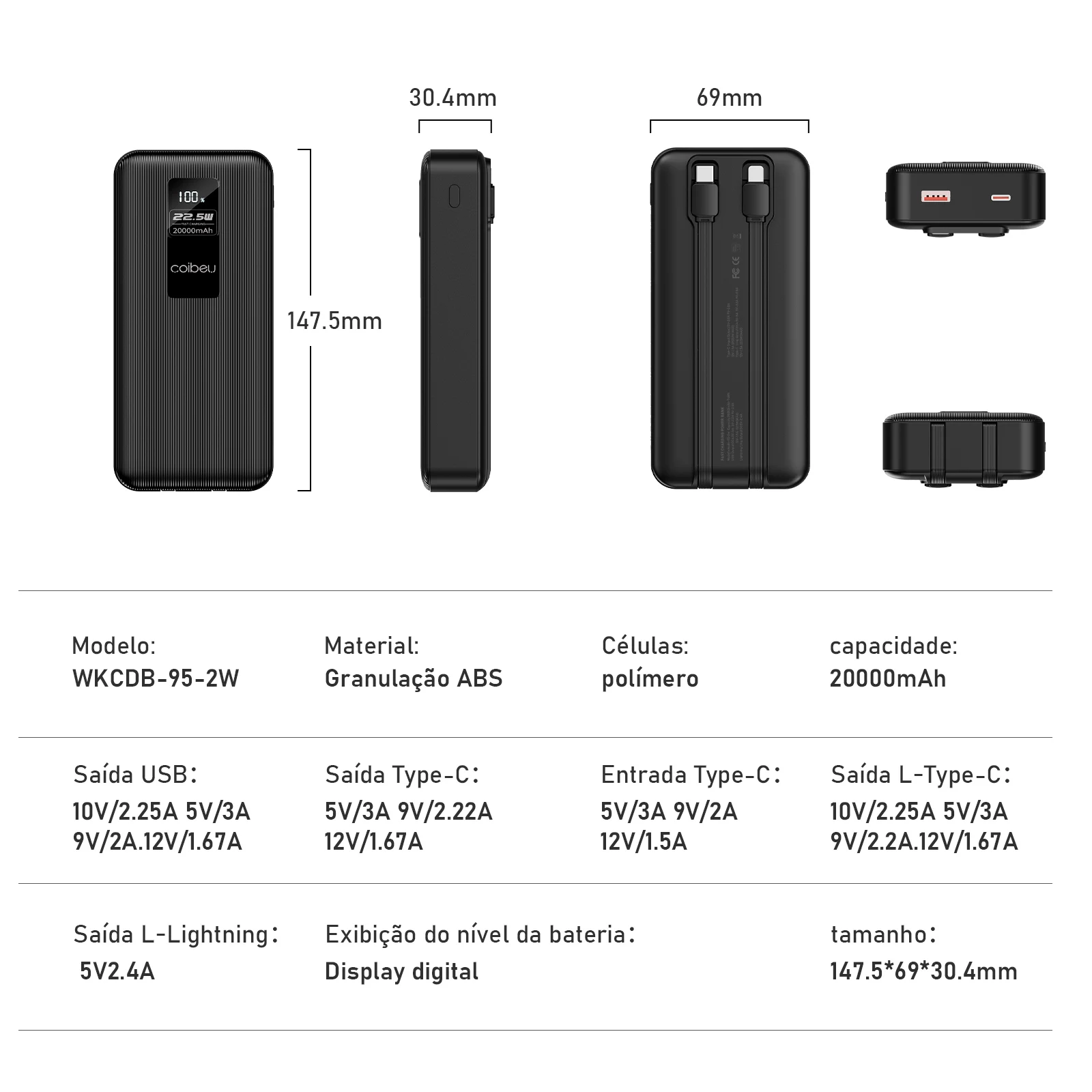 Carregador Portátil Power Bank 10.000 ou 20.000 mAh, Cabos Embutidos USB-C e Lightning, Display - Imagem 11