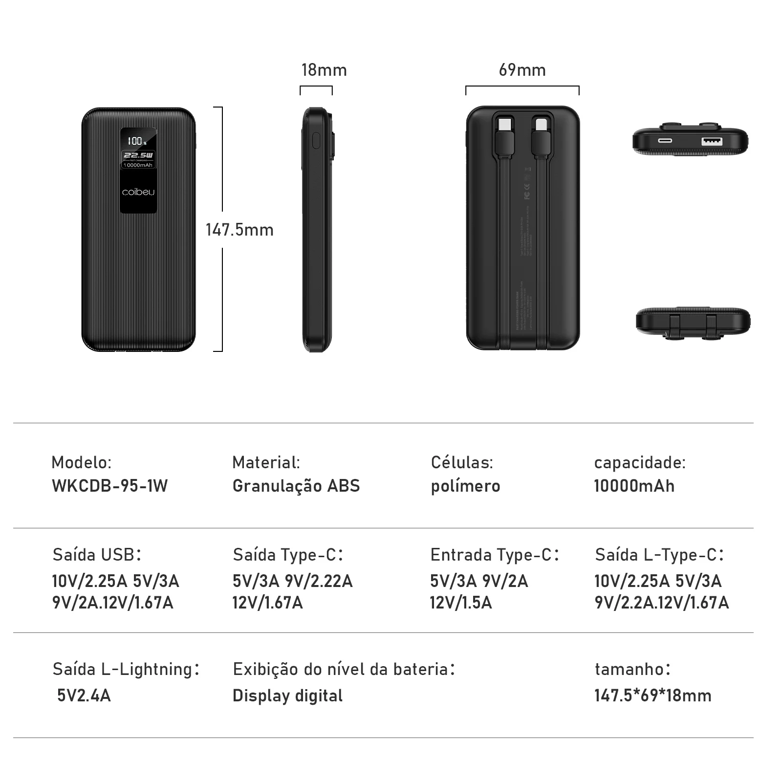 Carregador Portátil Power Bank 10.000 ou 20.000 mAh, Cabos Embutidos USB-C e Lightning, Display - Imagem 10