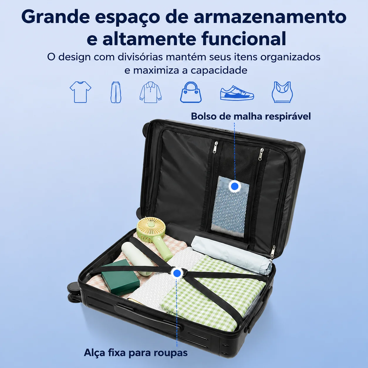 Interior da mala com divisórias e bolso de malha