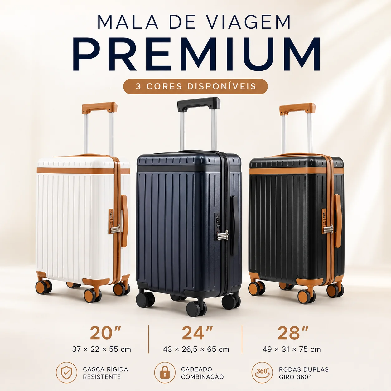 Malas de viagem rígidas em três tamanhos e três cores