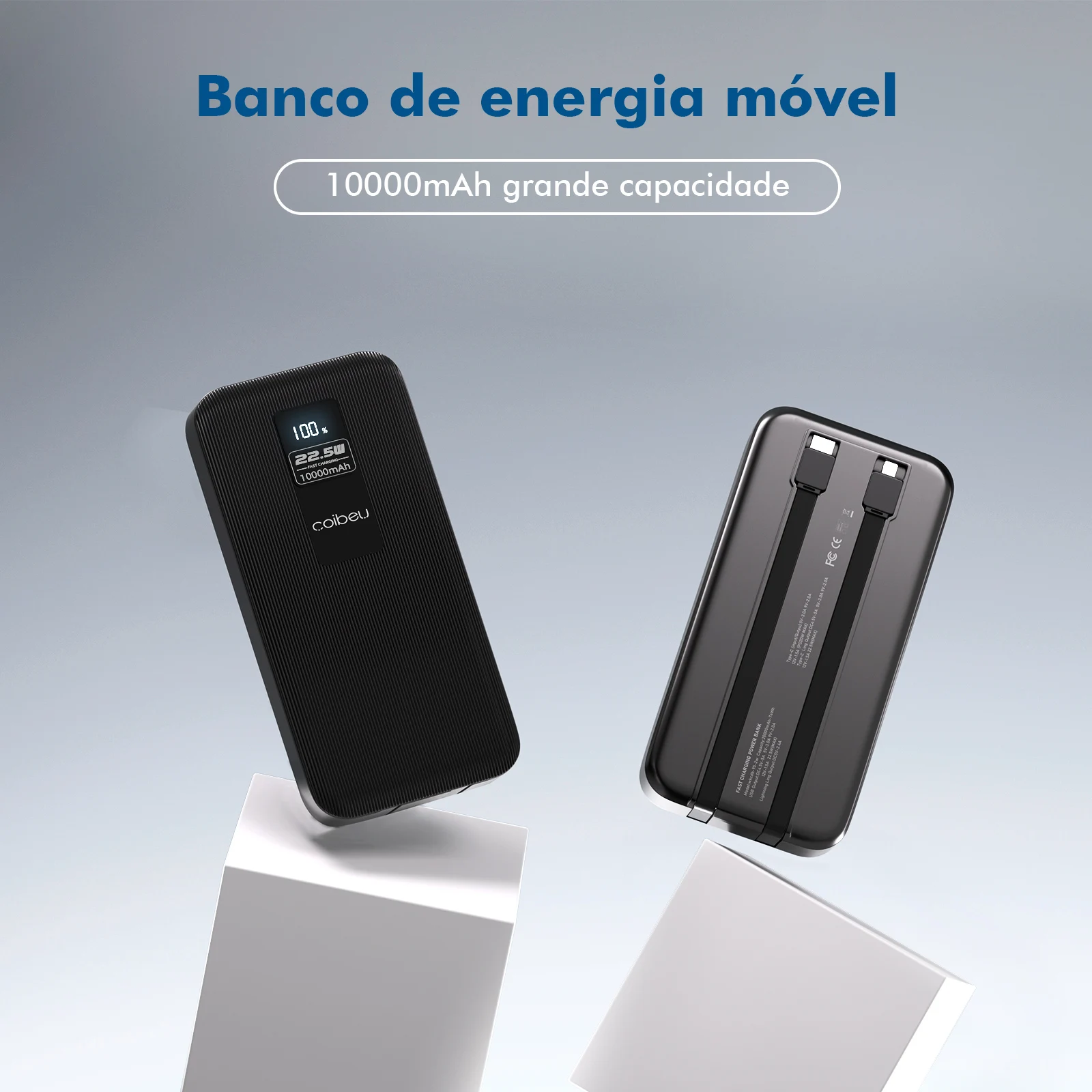 Carregador Portátil Power Bank 10.000 ou 20.000 mAh, Cabos Embutidos USB-C e Lightning, Display - Imagem 3