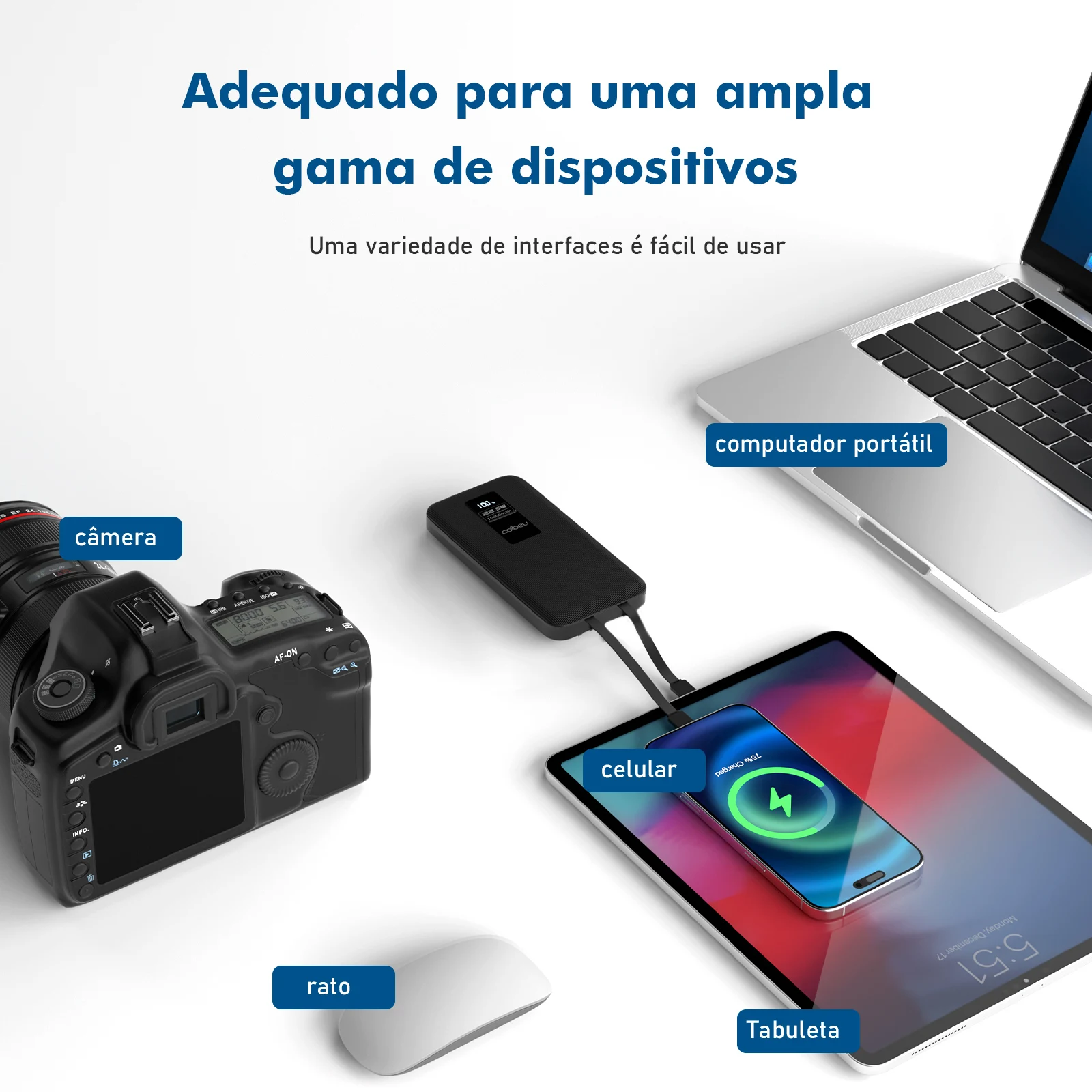 Carregador Portátil Power Bank 10.000 ou 20.000 mAh, Cabos Embutidos USB-C e Lightning, Display - Imagem 4
