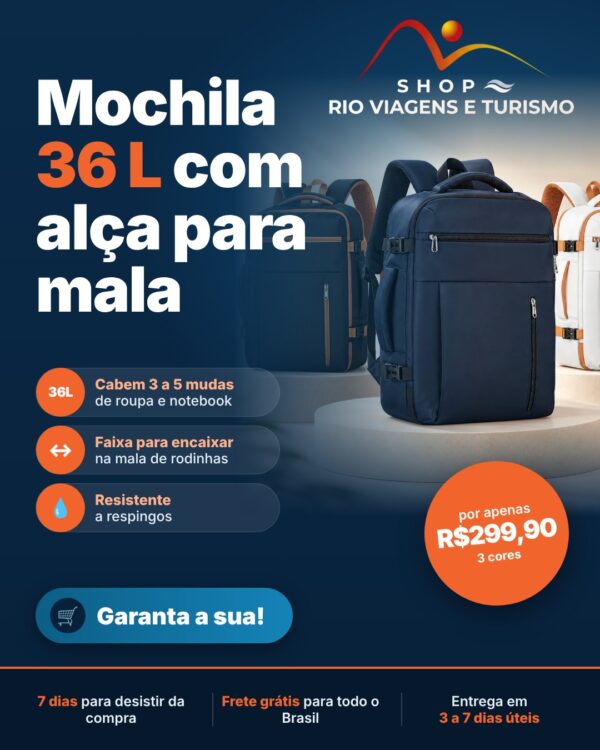 Mochila de Viagem 36 L com Alça para Mala, Resistente a Respingos - Rio Viagens Shop