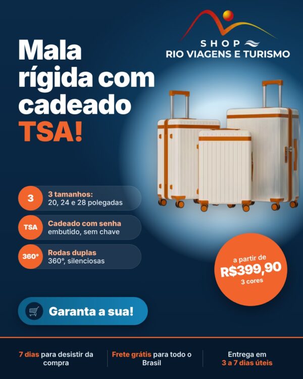Mala de Viagem Rígida PC+ABS com Cadeado TSA, 20, 24 ou 28 Polegadas - Rio Viagens Shop