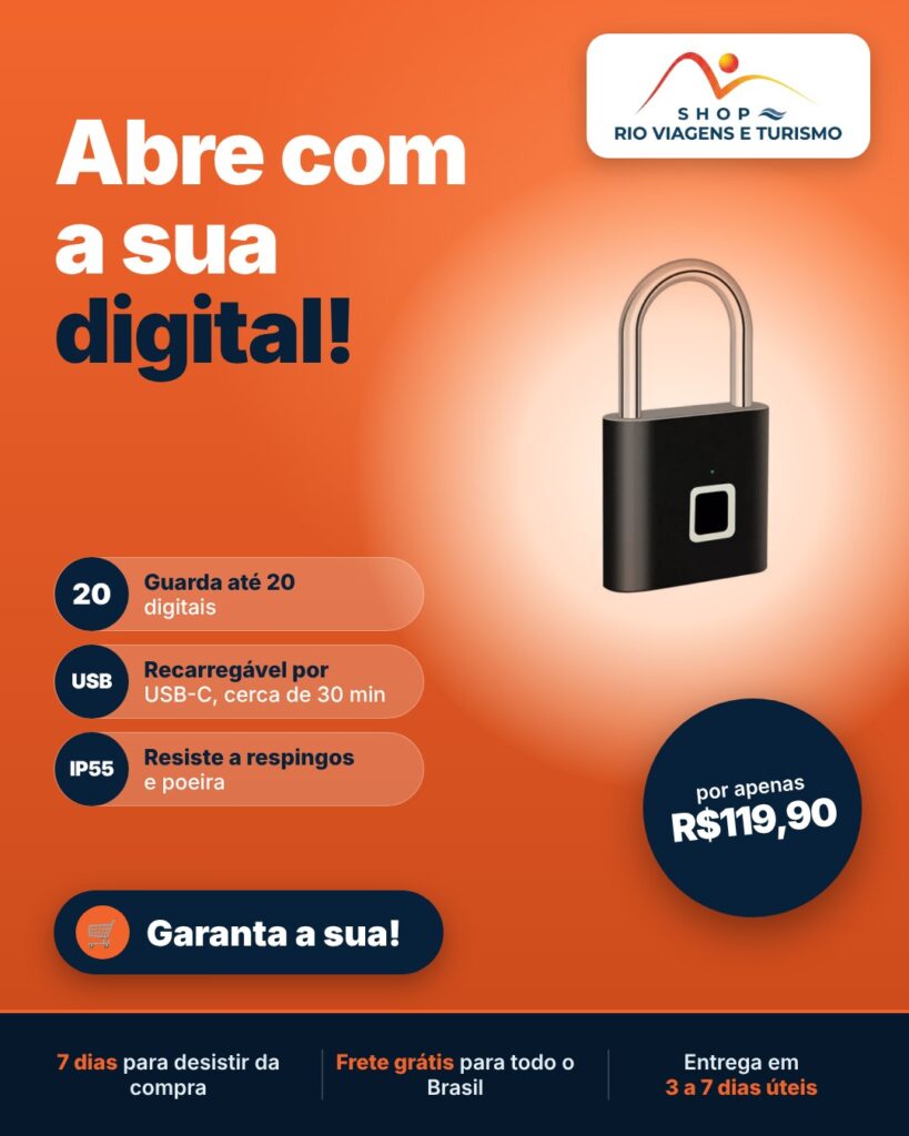 Cadeado com Impressão Digital Recarregável, Sem Chave, Resistente a Respingos - Rio Viagens Shop