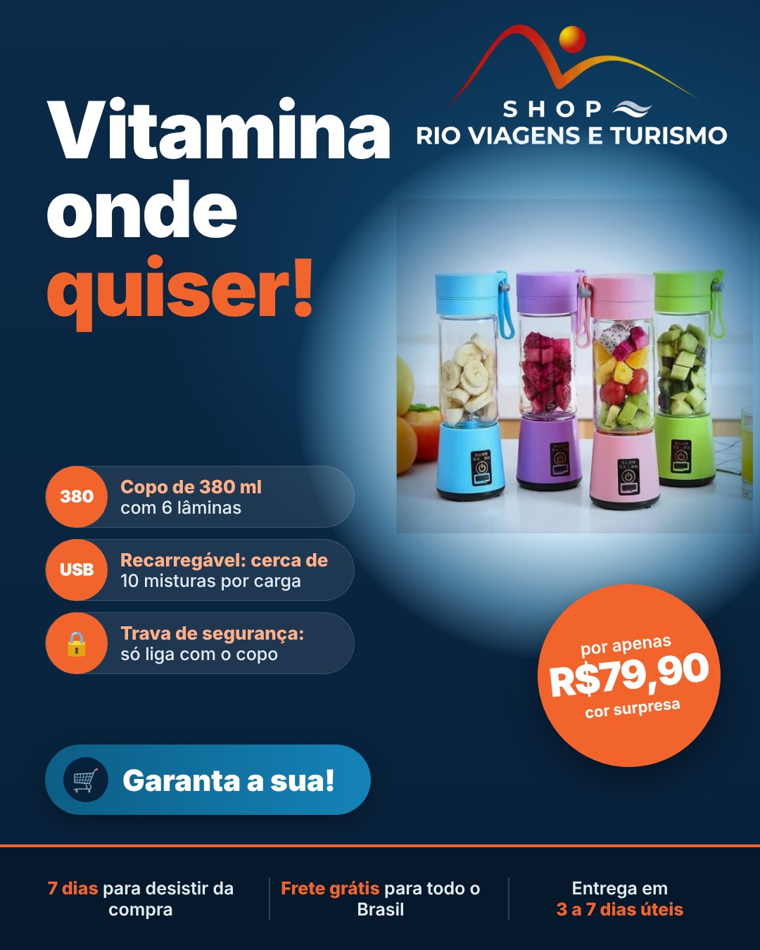 Mini Liquidificador Portátil Recarregável 380 ml para Vitaminas e Shakes - Rio Viagens Shop