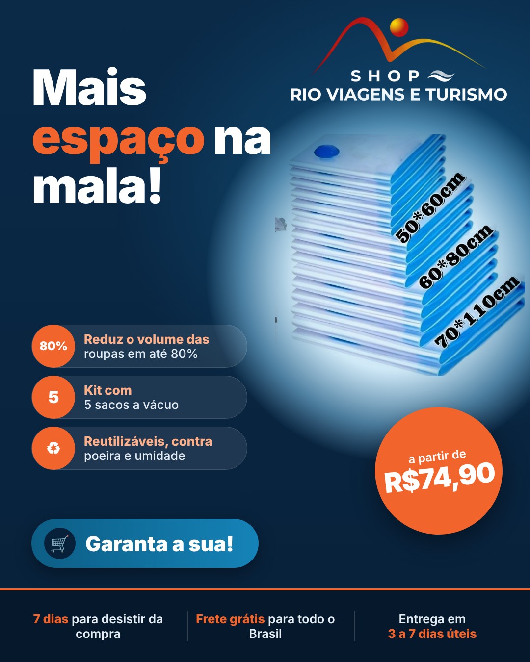 Kit 5 Sacos a Vácuo para Roupas e Mala de Viagem, com ou sem Bomba - Rio Viagens Shop