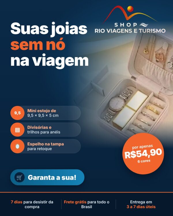 Porta-Joias de Viagem Mini com Espelho e Divisórias, Zíper e Interior Acolchoado - Rio Viagens Shop