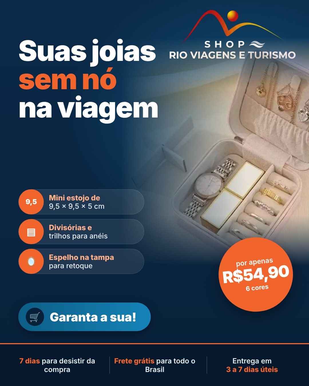 Porta-Joias de Viagem Mini com Espelho e Divisórias, Zíper e Interior Acolchoado - Rio Viagens Shop