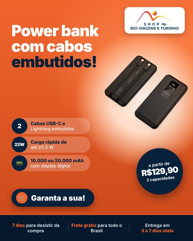 Carregador Portátil Power Bank 10.000 ou 20.000 mAh, Cabos Embutidos USB-C e Lightning, Display - Rio Viagens Shop