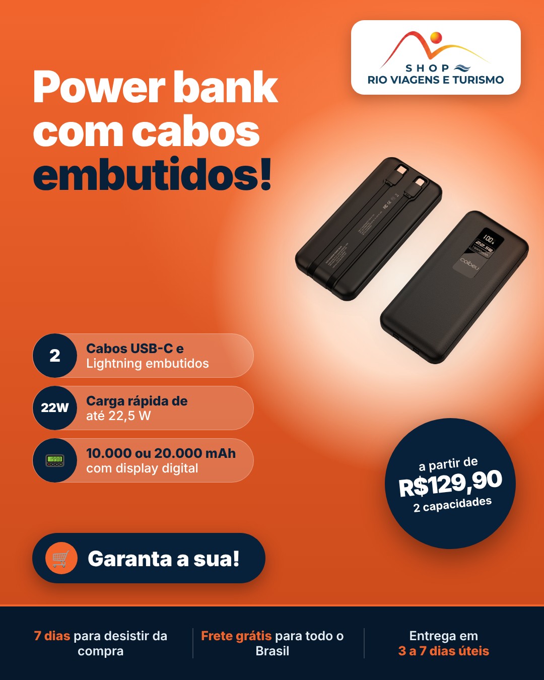 Carregador Portátil Power Bank 10.000 ou 20.000 mAh, Cabos Embutidos USB-C e Lightning, Display - Rio Viagens Shop
