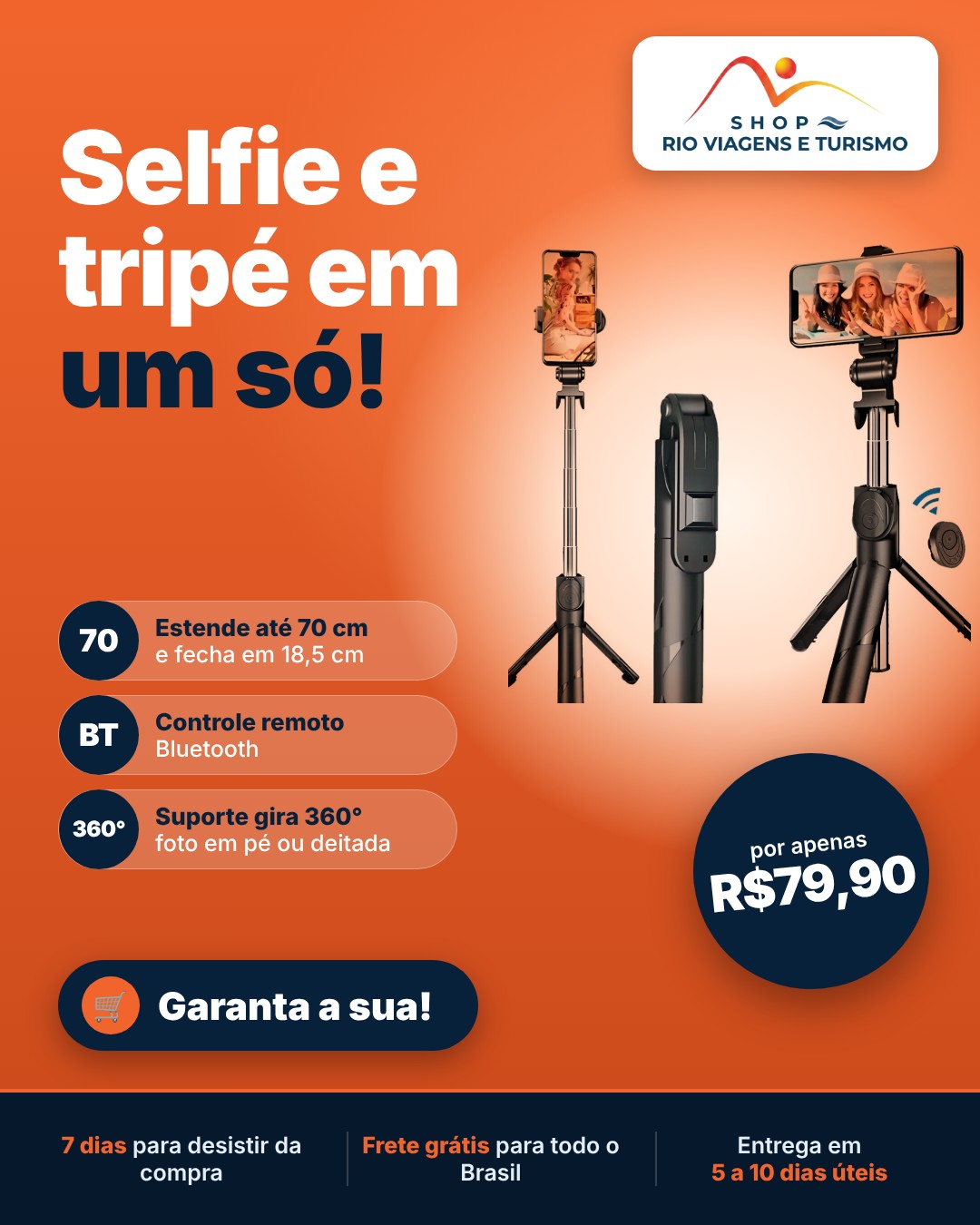 Bastão de Selfie com Tripé e Controle Remoto Bluetooth - Rio Viagens Shop